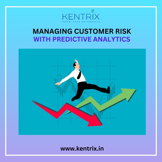 Illustration of managing customer risk using predictive analytics, with a person balancing on arrows representing trends