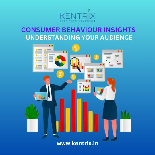 Illustration of professionals analyzing consumer behavior insights with charts and graphs, promoting kentrix.in services