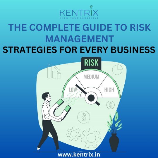 Visual of risk management strategies with a focus on low to high risk levels, promoting Kentrix's guide for businesses. www.kentrix.in