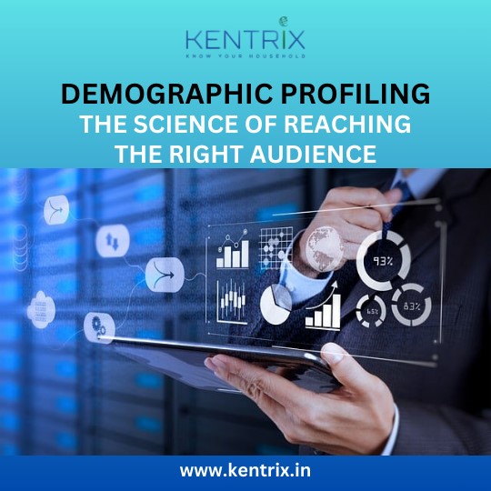 Visual of demographic profiling with a business professional analyzing data charts, highlighting audience targeting strategies by Kentrix.