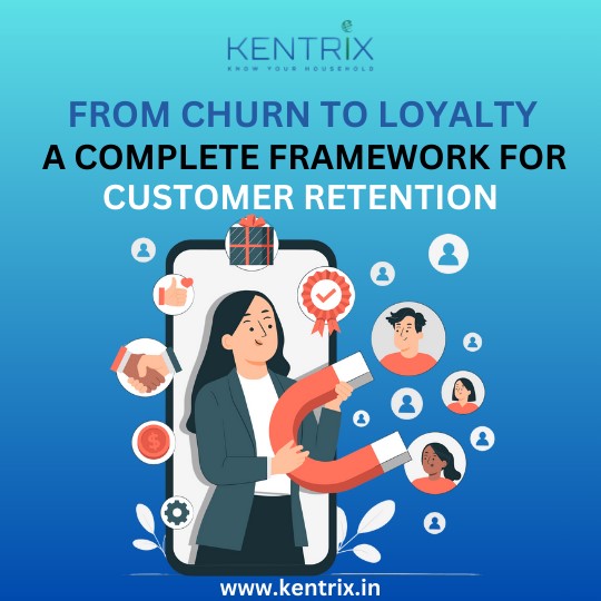 Illustration of a woman using a magnet to attract customers, promoting Kentrix's framework for customer retention. www.kentrix.in