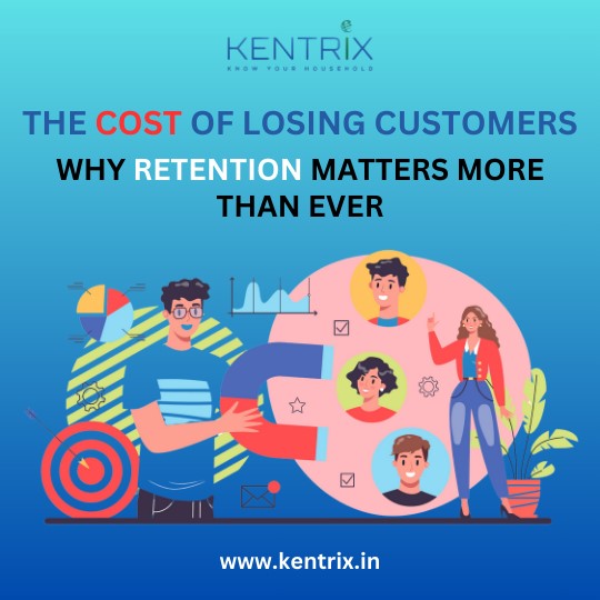 Illustration of customer retention with Kentrix branding, emphasizing the cost of losing customers and retention importance.