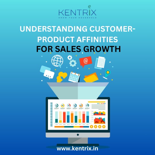 Illustration of customer-product affinity analysis funnel with data charts, showcasing strategies for boosting sales growth by Kentrix.