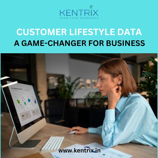 Businesswoman analyzing customer lifestyle data on a computer screen, highlighting its impact on business growth and strategy.