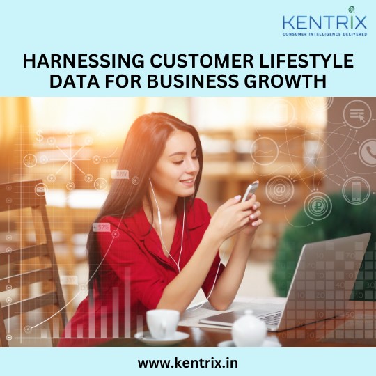 Young woman using smartphone with digital data icons, harnessing customer lifestyle data for business growth.