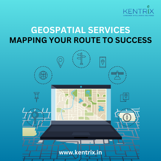 Kentrix Geospatial Services ad featuring a laptop with a digital map, location icons, and the tagline 'Mapping Your Route to Success.