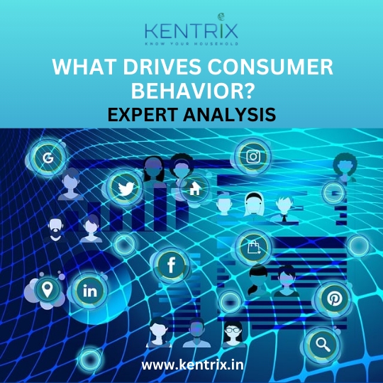 Illustration of consumer behavior analysis with digital connections, social media icons, and networking elements by Kentrix.