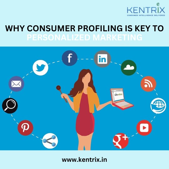 Illustration of a woman holding a laptop, surrounded by social media icons, highlighting the importance of consumer profiling in marketing.